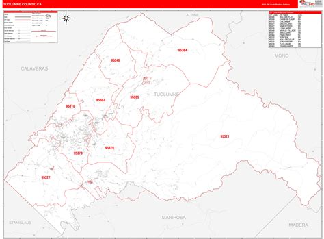 Tuolumne County, CA Zip Code Wall Map Red Line Style by MarketMAPS - MapSales