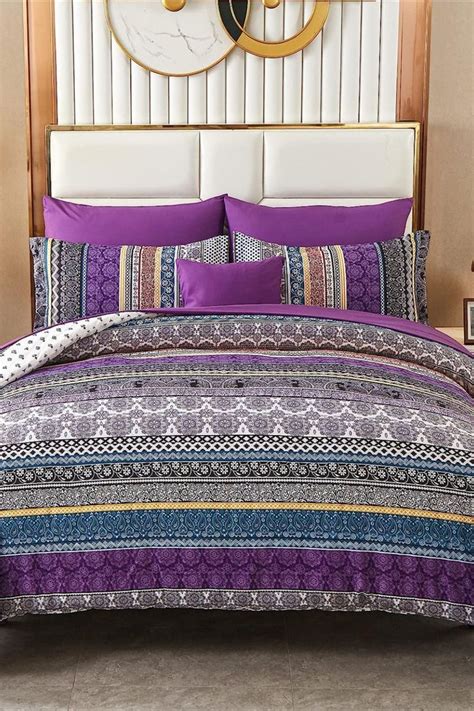 Boho Comforter Set King Size 8 Piece Bed in a Bag Bohemian Striped Bedding Quilt Set Purple ...