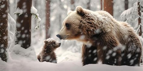 Premium AI Image | a brown bear is seen touching his cub in the woods ...