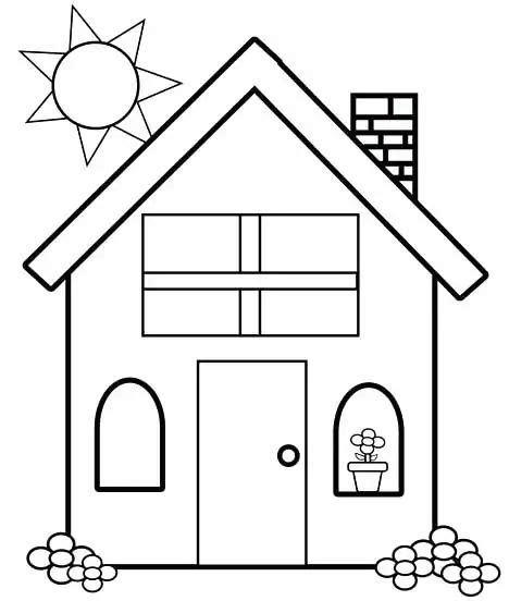 a black and white drawing of a house with the sun in the sky above it