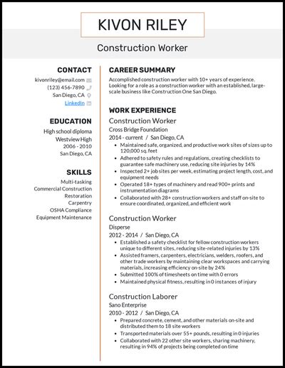 5 Construction Worker Resume Examples for 2022