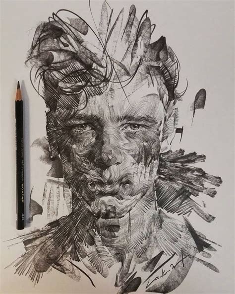 a pencil drawing of a man's face with feathers on his head and hands