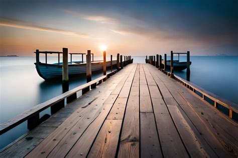 Premium AI Image | a wooden pier with a boat on the water in the ...