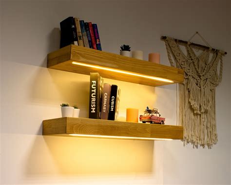 Floating Shelf Thick Wall Shellf With Lights Wooden Shelf - Etsy | Floating shelves, Wood ...