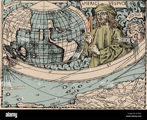 Vespucci gazes at New World in a panel of 1507 map by Martin Waldseemuller. Amerigo Vespucci ...