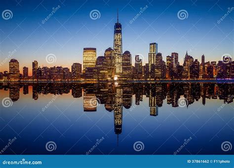 Manhattan Skyline with the One World Trade Center Building at Twilight Stock Photo - Image of ...