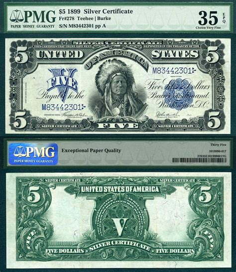 1899 $5 Silver Certificate "The Chief Note" PMG Graded VF35EPQ FR-278 Signatures of Teehee and ...