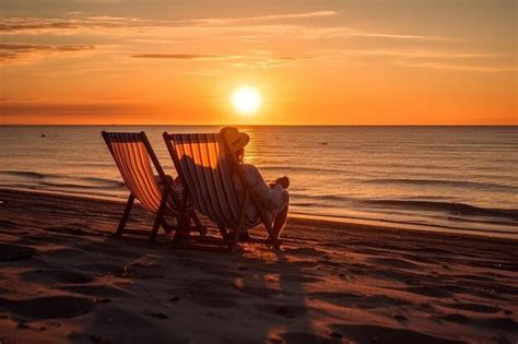 Premium AI Image | Beach chairs on the white sand beach at sunset