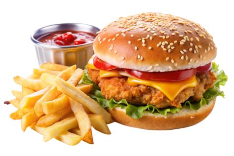 Delicious Cheesy Chicken Burger With French Fries And White Sauce On Isolated Background, Burger ...