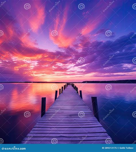 A dock on a lake at sunset stock illustration. Illustration of orange - 289213175