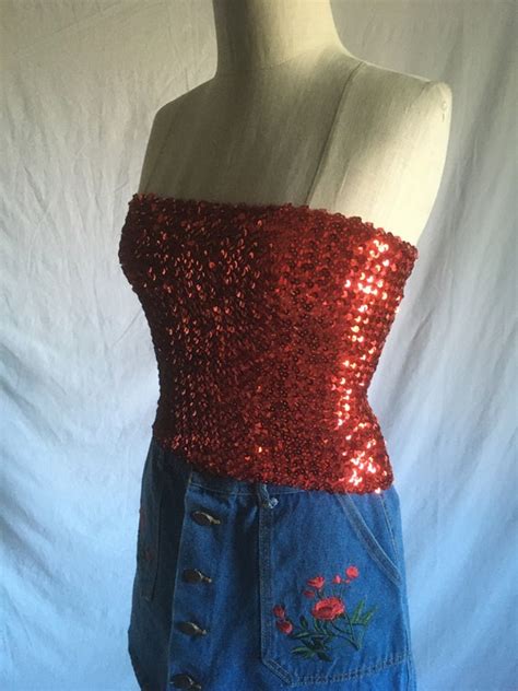 vintage 70s red sequin tube top 1970s fashion disco s… - Gem