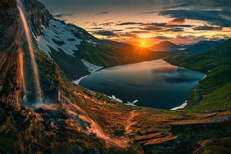 Fondos de pantalla : paisaje, montañas, cascada, puesta de sol, mar, lago, naturaleza, reflexión ...