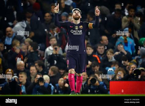 Lionel Messi of Barcelona celebrates after scoring the opening goal ...