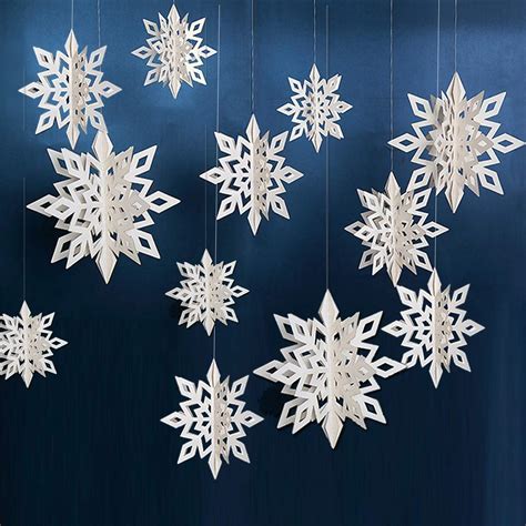 LINDOO Winter Snowflake Hanging Decorations - 3D Glitter Large White Snowflakes Paper Hanging ...