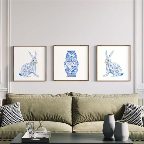 Blue and White Ginger Jar Vase Set of 3 Watercolor Rabbit - Etsy