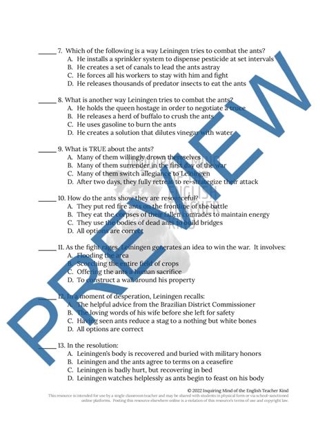 "Leiningen Versus the Ants" by Carl Stephenson Quiz and Answer Key ...