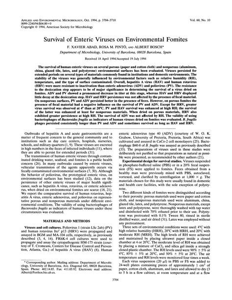 (PDF) Survival of enteric viruses on environmental fomites