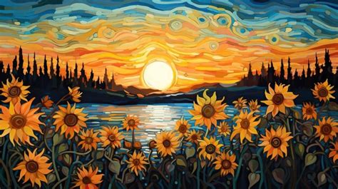 Premium AI Image | sunflower field with sunset painting on paper