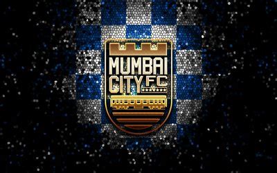 Download wallpapers Mumbai City FC, glitter logo, ISL, blue white checkered background, soccer ...