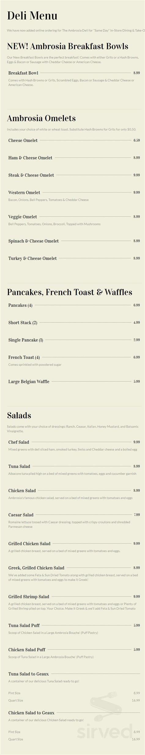 The Ambrosia Bakery menu in Baton Rouge, Louisiana, USA