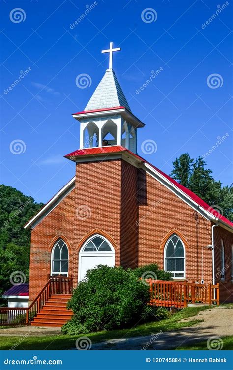 Country Brick Church with White Cross Steeple Stock Photo - Image of ...