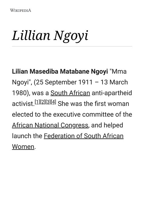 Lillian Ngoyi - Wikipedia - Lillian Ngoyi Lilian Masediba Matabane Ngoyi "Mma Ngoyi", (25 - Studocu