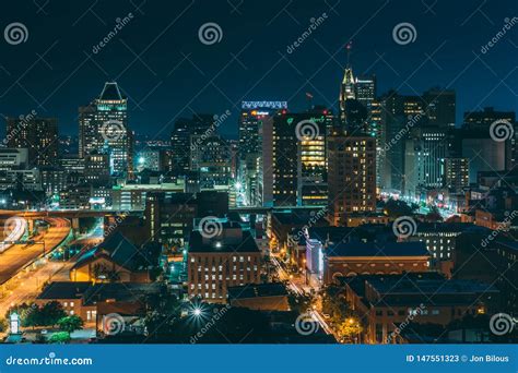 View of the Downtown Baltimore Skyline at Night, in Baltimore, Maryland ...