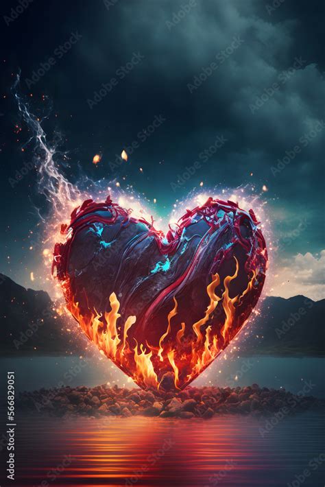 burning heart in the sky background. Valentine poster background Burning red heart. Poster ...