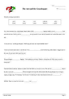 The Ant and the Grasshopper - Cloze Test Worksheet - Quickworksheets