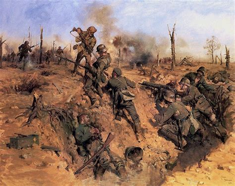 British troops charging into German trenches | Military illustration, Ww1 art, Military images