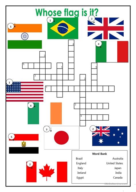 Country Flag Crossword - English ESL Worksheets Geography For Kids ...