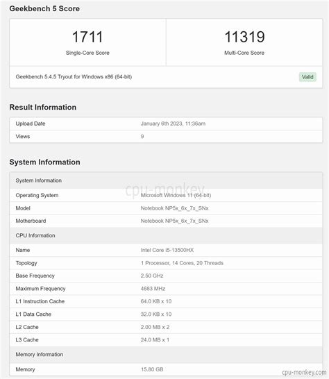 Intel Core i5-13500HX Benchmark, Test and specs