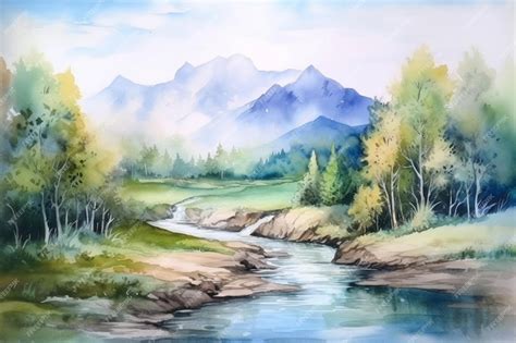 Premium Photo | A painting of a river in a forest with mountains in the background.