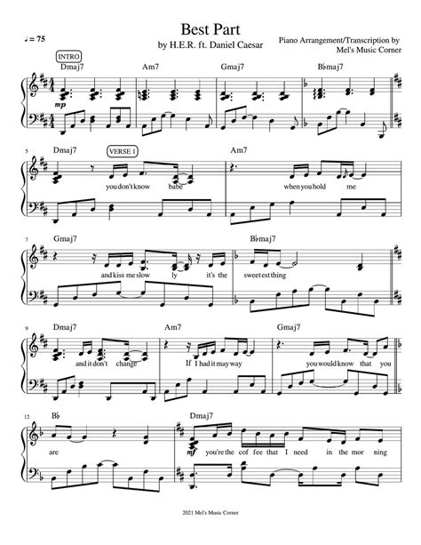 Daniel Caesar & H.E.R. - Best Part (piano sheet music) Spartito by Mel's Music Corner