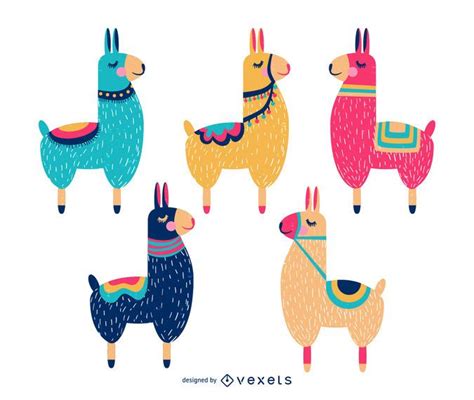 Collection of colorful llama animals with closed eyes with saddles on the back cartoon ...