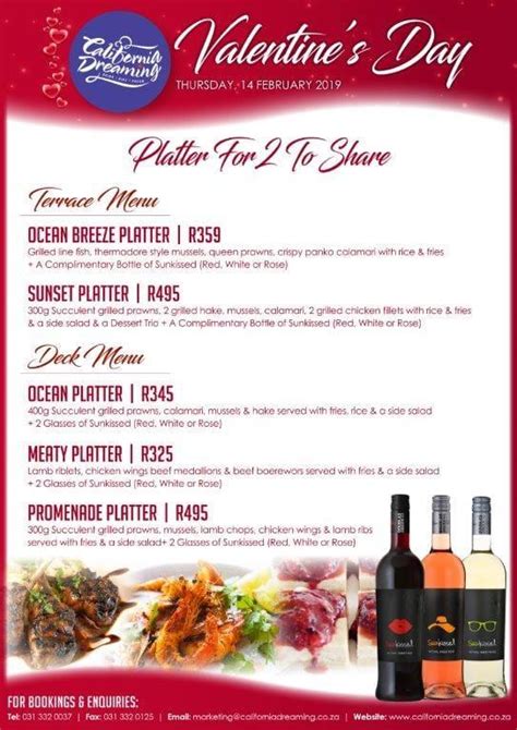 Menu at California Dreaming restaurant, Durban, 150 Marine Parade