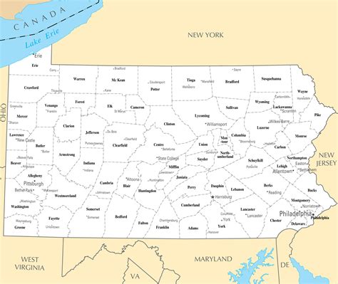 Large administrative map of Pennsylvania state with major cities ...