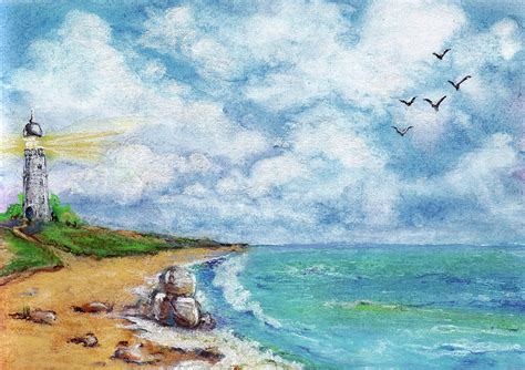 Seascape with lighthouse, seagulls and rocks Drawing by Elena Sysoeva