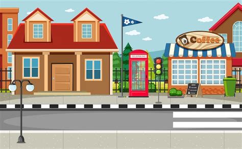 Free Vector | Street side scene with house and coffee shop scene