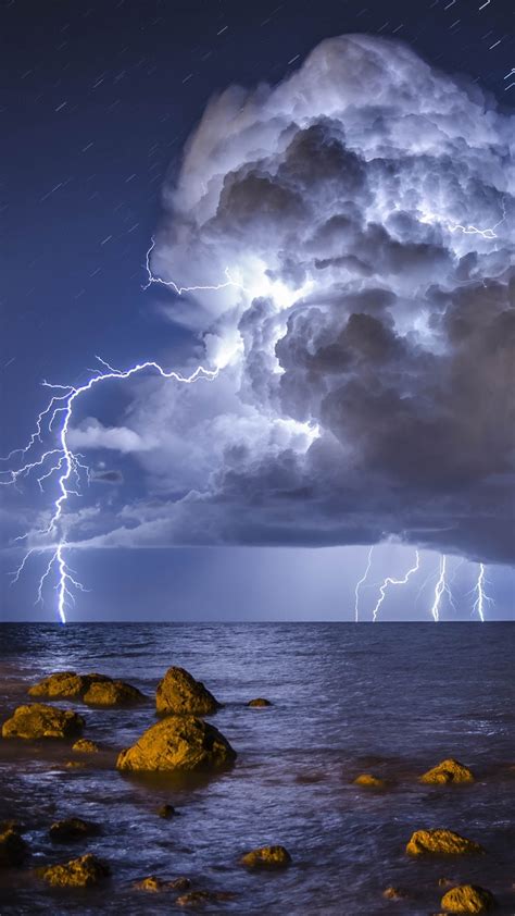 Wallpaper Storm, lightning, sea, stones 3840x2160 UHD 4K Picture, Image