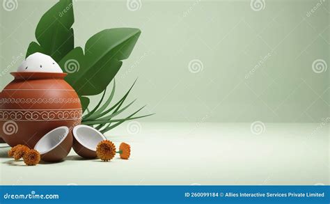 3D of Pongali Rice in Mud Pot with Coconut, Marigold Flowers, Banana ...