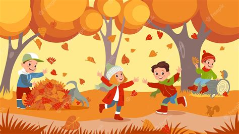 Premium Vector | Autumn park kids Children outdoor activity Boys and girls play with falling ...