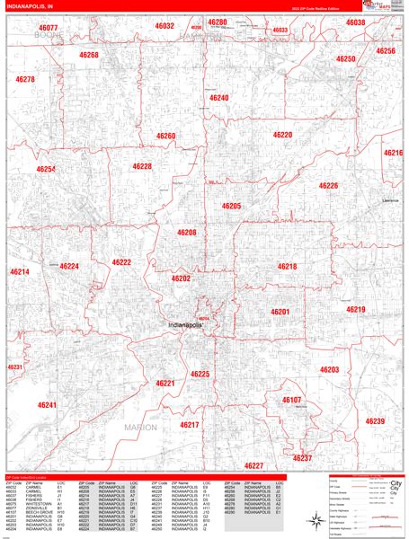 Indianapolis Indiana Zip Code Wall Map (Red Line Style) by MarketMAPS - MapSales