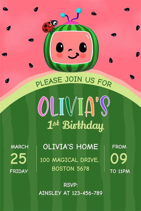 a watermelon birthday party card with the words, please join us for olvia's 1st birthday