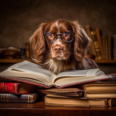 Premium Photo | A dog with glasses reading a book