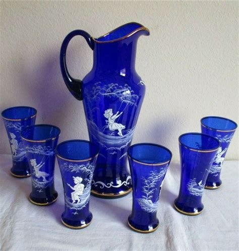 Vtg MARY GREGORY Cobalt PITCHER & 6 TUMBLER Gold Victorian SWING Antique FISHING in 2021 ...