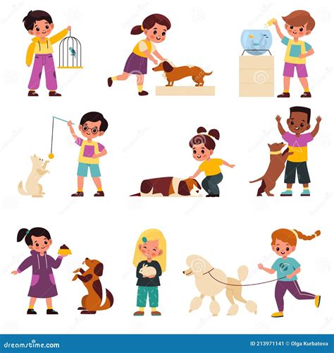 Kids With Pets. Happy Cartoon Children Characters With Adopted Home Animals, Cute Kids Playing ...