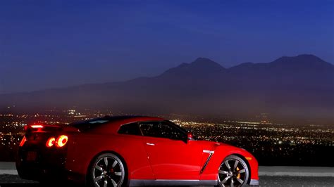 Wallpaper : lights, mountains, night, red cars, sports car, Nissan GT R, coupe, wheel, supercar ...