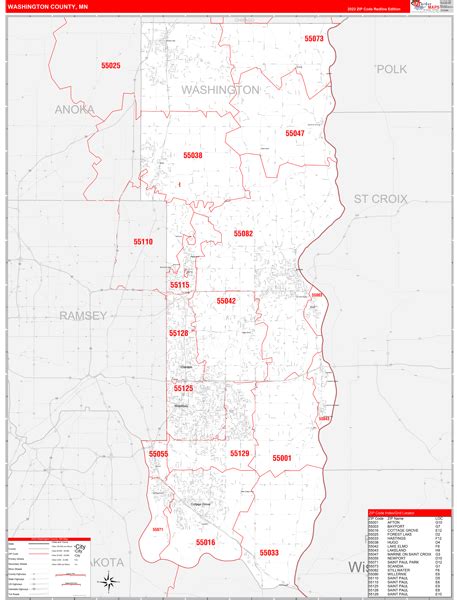 Washington County, MN Zip Code Wall Map Red Line Style by MarketMAPS ...