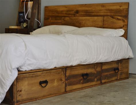 Rustic Wood Platform Storage Bed with Drawers Pulls and Headboard ...